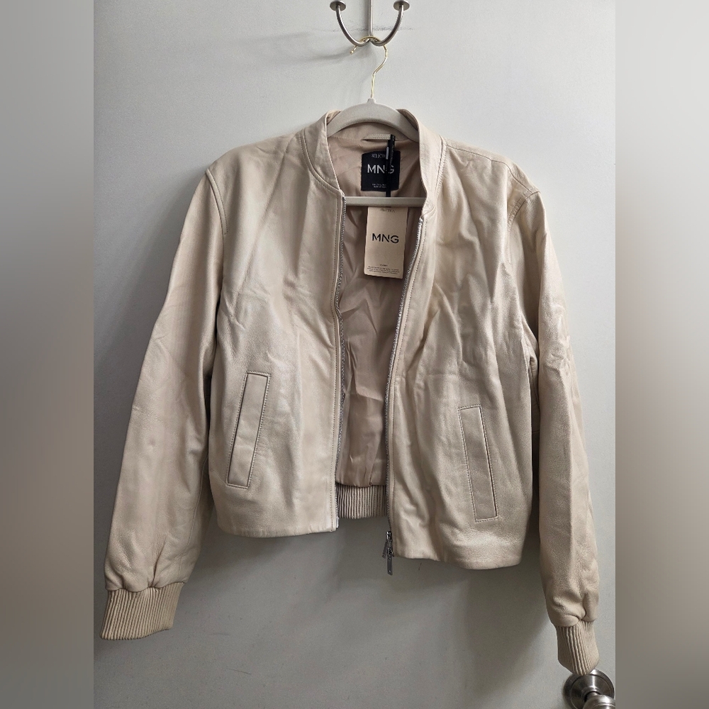 Mango Women's Tan Leather Bomber Jacket